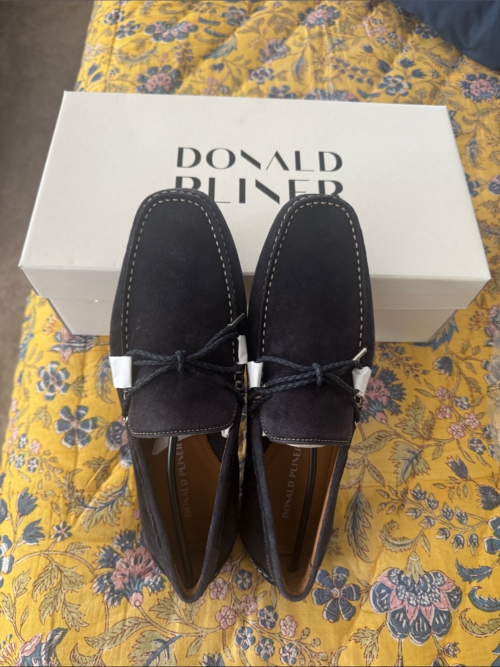 Donald J. Pliner Black Suede Slip-On Loafers with Braided Lace